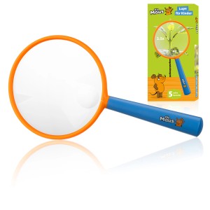 DieMaus Lupe für Kinder, orange und blau, mit Verpackung. Ideal zum Entdecken und Beobachten.