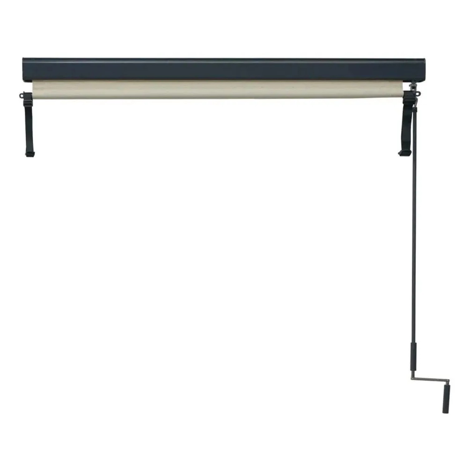 MCW Vertikalmarkise 250x180cm in Creme-Beige, aufgerollt mit dunklem Gehäuse und Handkurbel für Sonnenschutz.