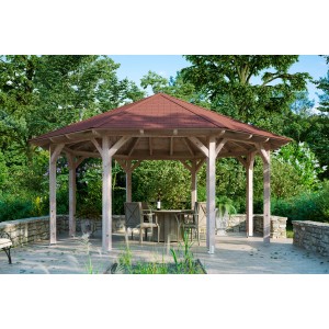 Skan Holz Pavillon Lyon Größe 3: 8-eckige Gartenlaube aus Douglasie mit rotem Dach im Garten.