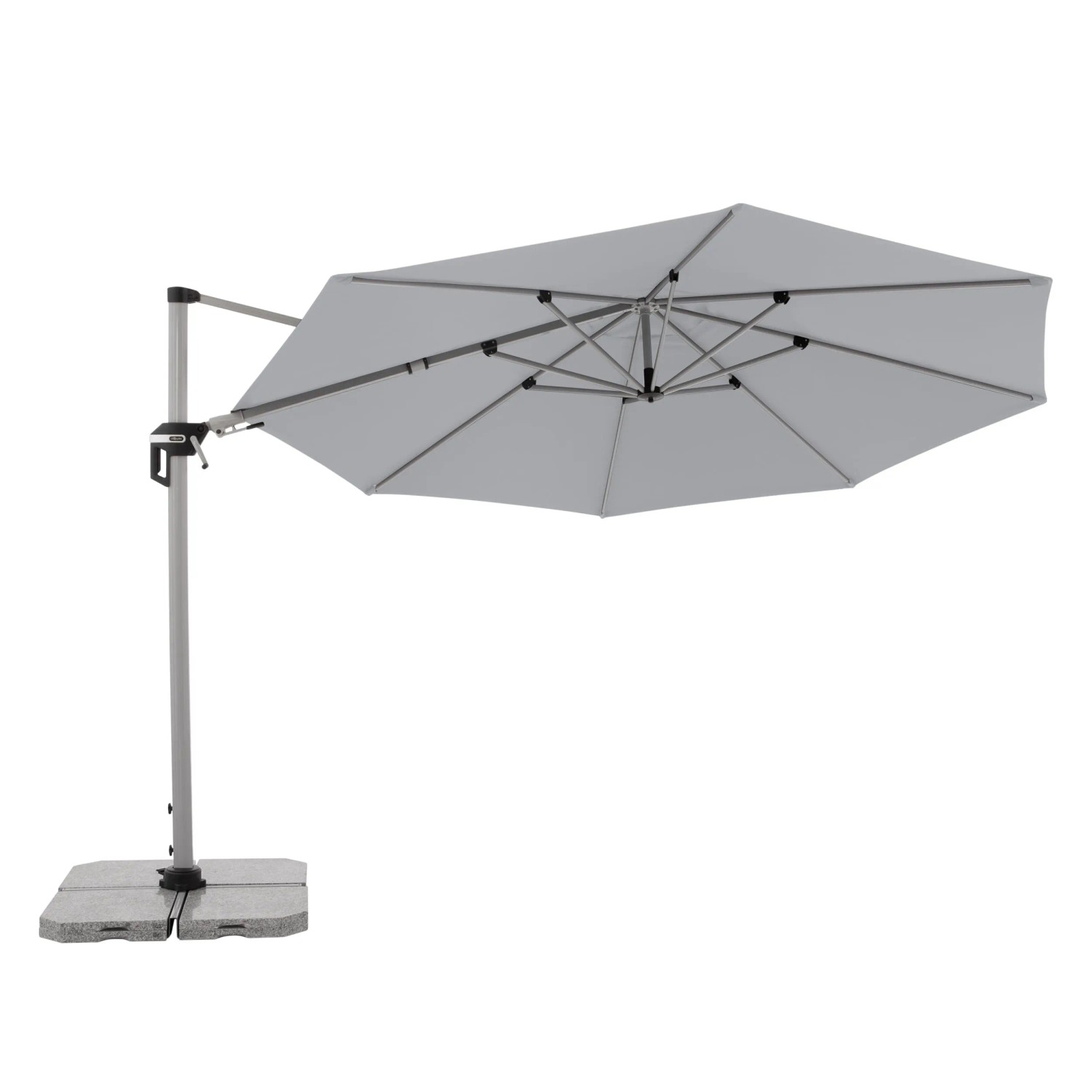 Hellgrauer Doppler Ampelschirm Active Ø 372 cm mit Dreh- und Neigungsfunktion.