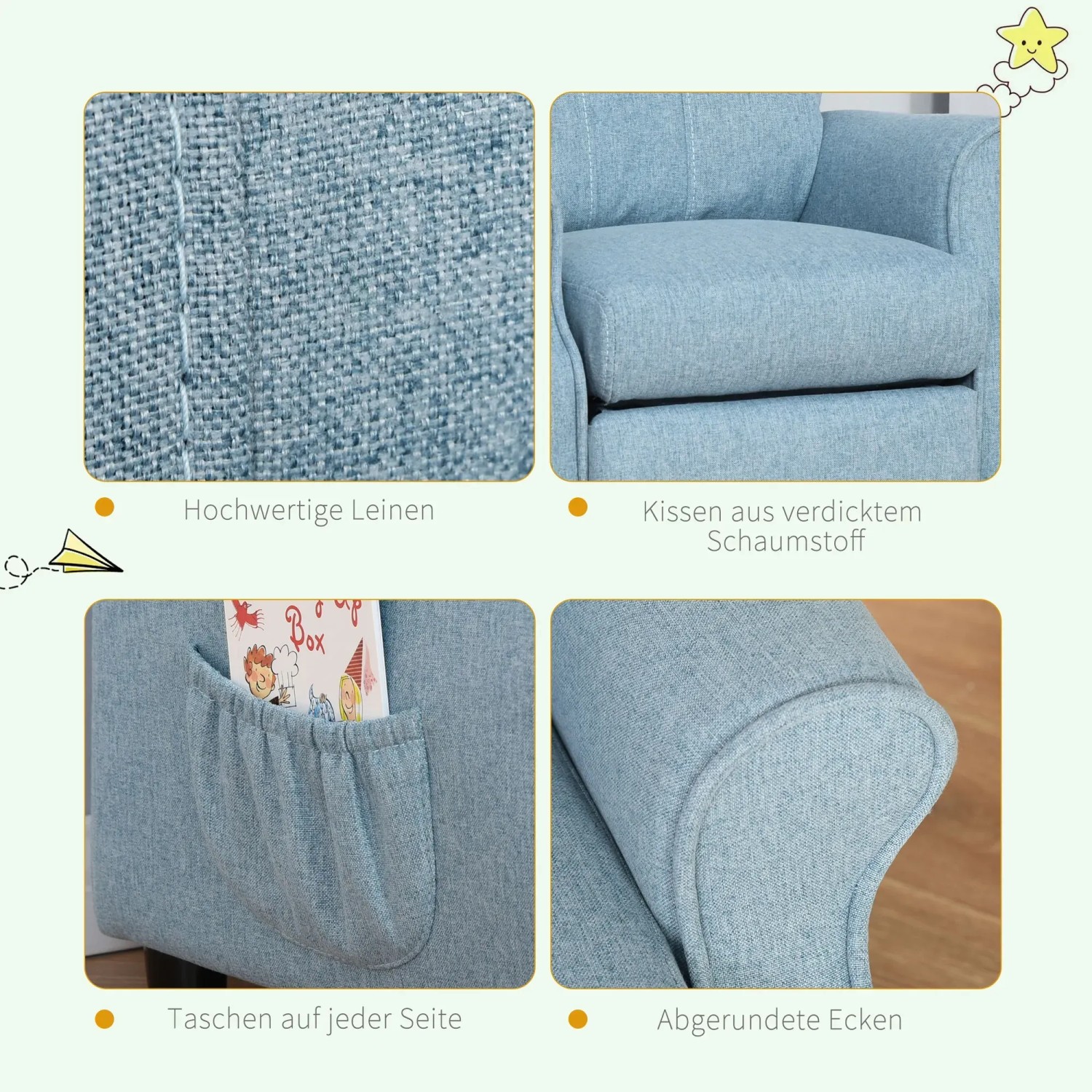 Blaues HOMCOM Kindersofa mit Fußstütze, verstellbar und gemütlich.