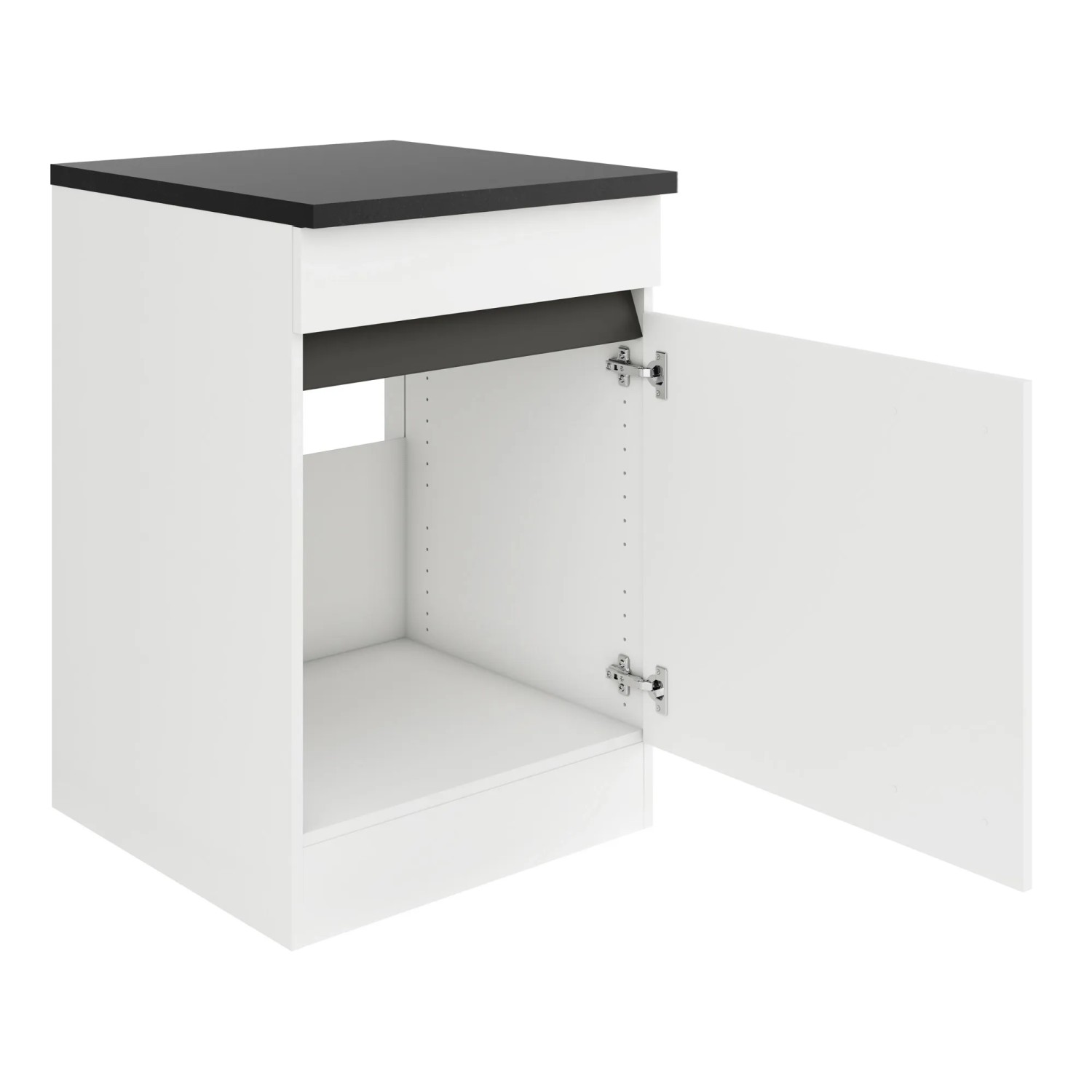 Optifit Spülenunterschrank Luca932, 60cm, weiß/anthrazit mit offener Tür.