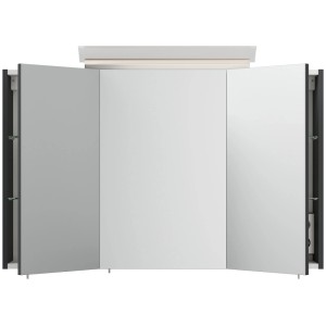 Grafitfarbener Posseik Spiegelschrank 100 cm mit 3 Spiegeltüren, offenen Seiten, Glasböden und LED-Lampe.