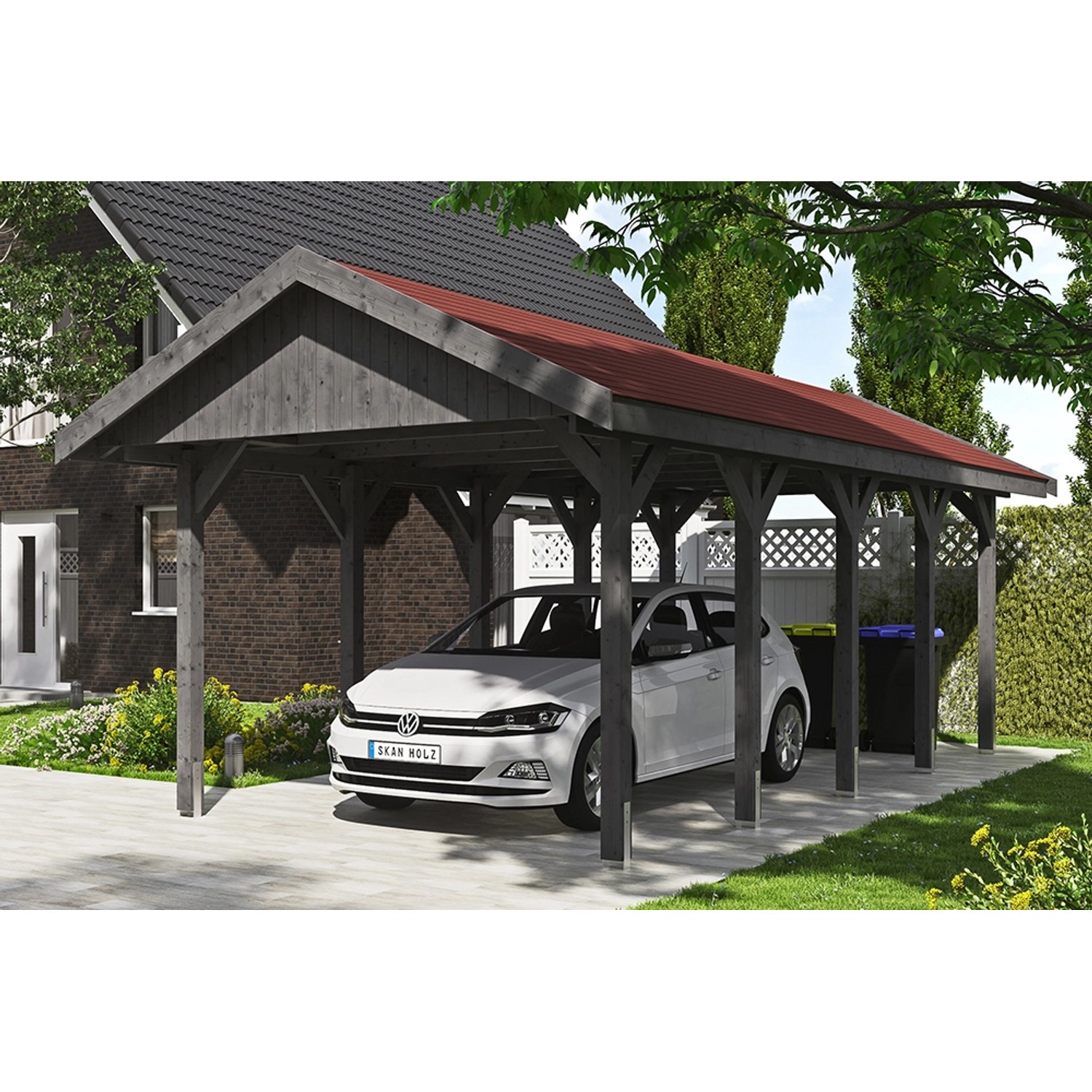 Satteldach-Carport Wallgau Schiefergrau 380 x 750 cm rote Schindeln günstig online kaufen