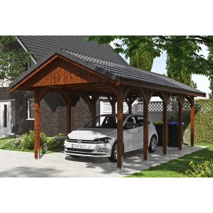 Satteldach-Carport Wallgau in Nussbaum mit Dachlattung und weißem PKW.