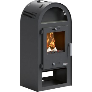 Schwarzer Kaminofen aus Stahl, 7,5 kW, mit Sichtfenster, brennendem Holz und praktischer Warmhaltezone.