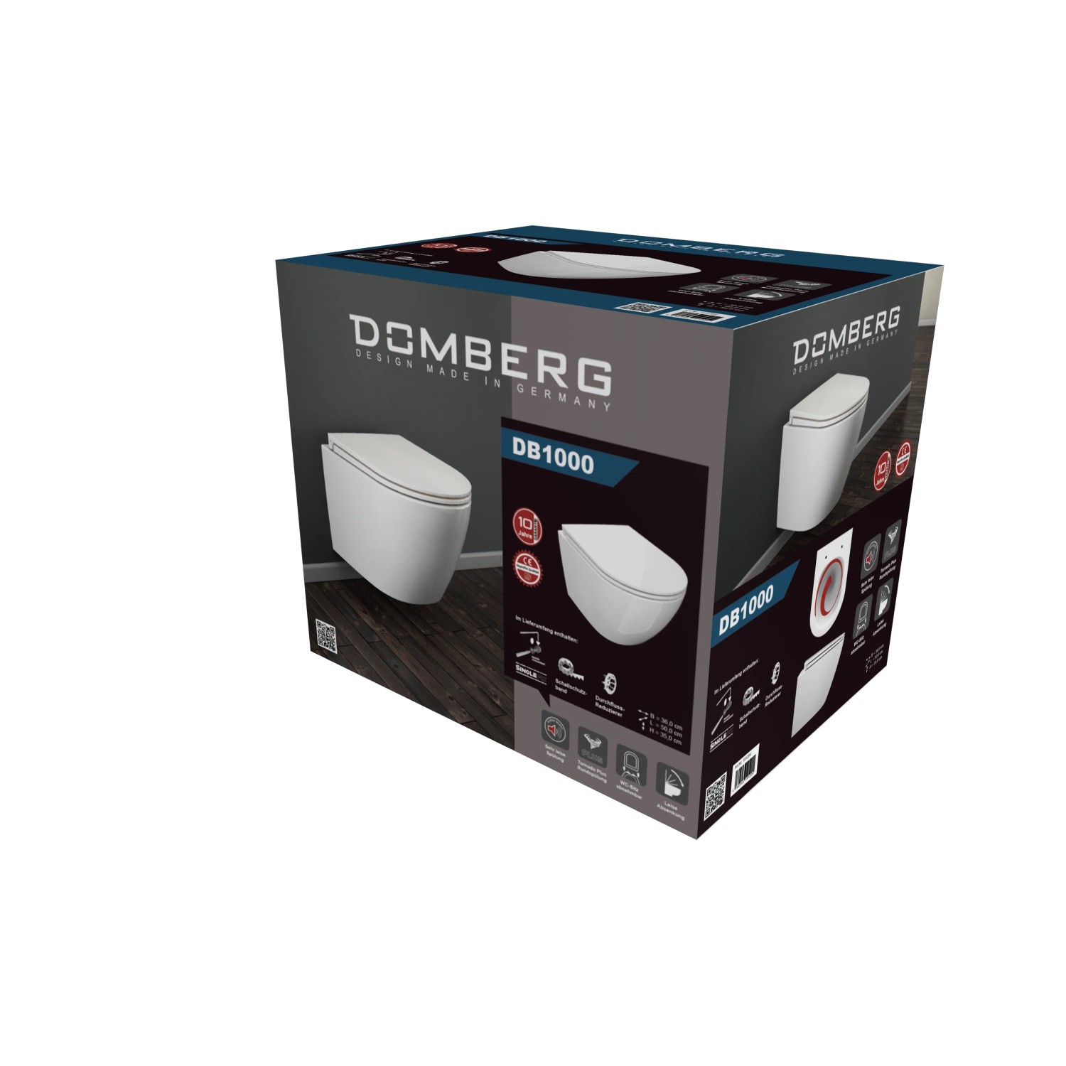 Verpackung des Domberg Wand-WC-Sets DB1000 Weiß, mit Abbildung des spülrandlosen WCs.