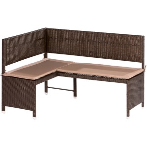 Braune Garten-Eckbank 3-Sitzer aus Polyrattan mit Kissen für den Balkon.