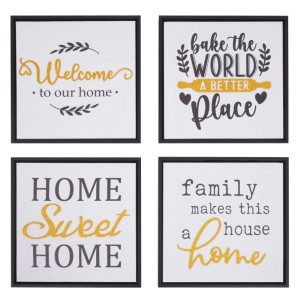4er-Set Wandbilder 30x30cm mit Sprüchen 'Welcome', 'Sweet Home', 'Family', 'World' in Schwarz, Weiß, Gold-Glitzer auf Leinwand. Deko.