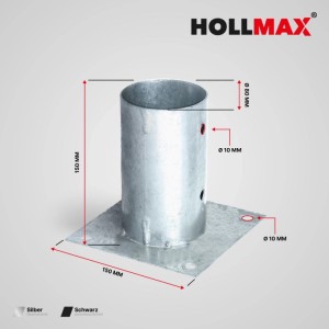 Silberne verzinkte HOLLMAX Aufschraubhülse 80 mm für Rundholzpfosten, 150x150 mm Bodenplatte. Wetterfest.