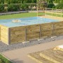 Rechteckiger Weka Holzpool mit Sonnendeck und Technikraum im Garten.