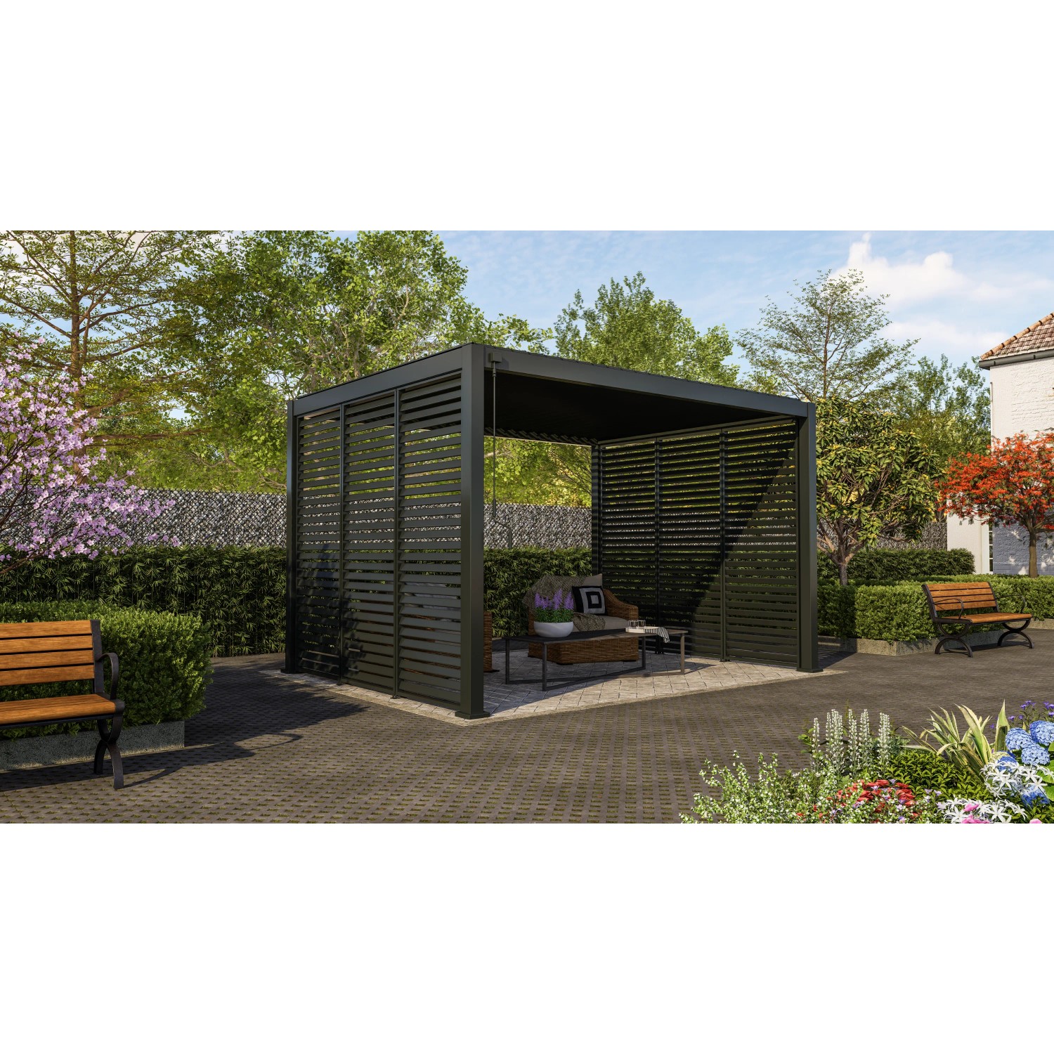 Anthrazitfarbene Mirador Lamellen-Dach Pergola 3x4m im Garten mit Sitzmöbeln.