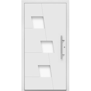 Weiße Aluminium Haustür Moderno M550/P mit Edelstahlgriff und drei quadratischen Glaseinsätzen.