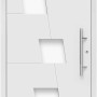 Weiße Aluminium Haustür Moderno M550/P mit Edelstahlgriff und drei quadratischen Glaseinsätzen.