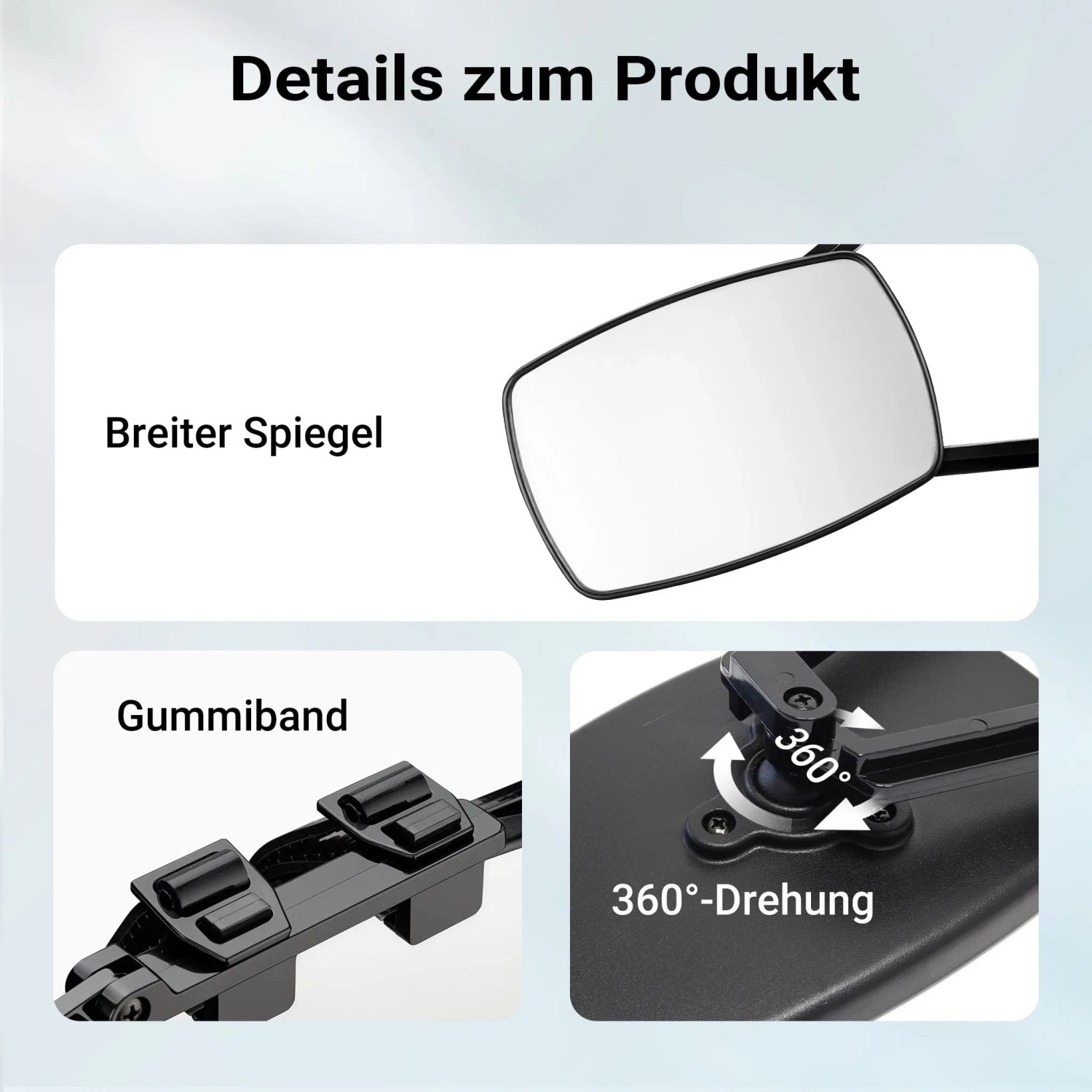 Wiltec Wohnwagenspiegel: breiter Spiegel, Gummiband-Befestigung, 360° drehbar. Universal Außenspiegel für Caravan.