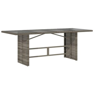 Graue 7-tlg. Garten Essgruppe aus Poly Rattan mit Tisch und Stühlen.