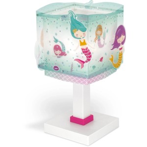 Dalber LED Tischlampe für Kinder mit Meerjungfrauen-Motiv. Quadratischer Schirm in Türkis/Malve, weißer Stand. Ideal als Nachtlicht.