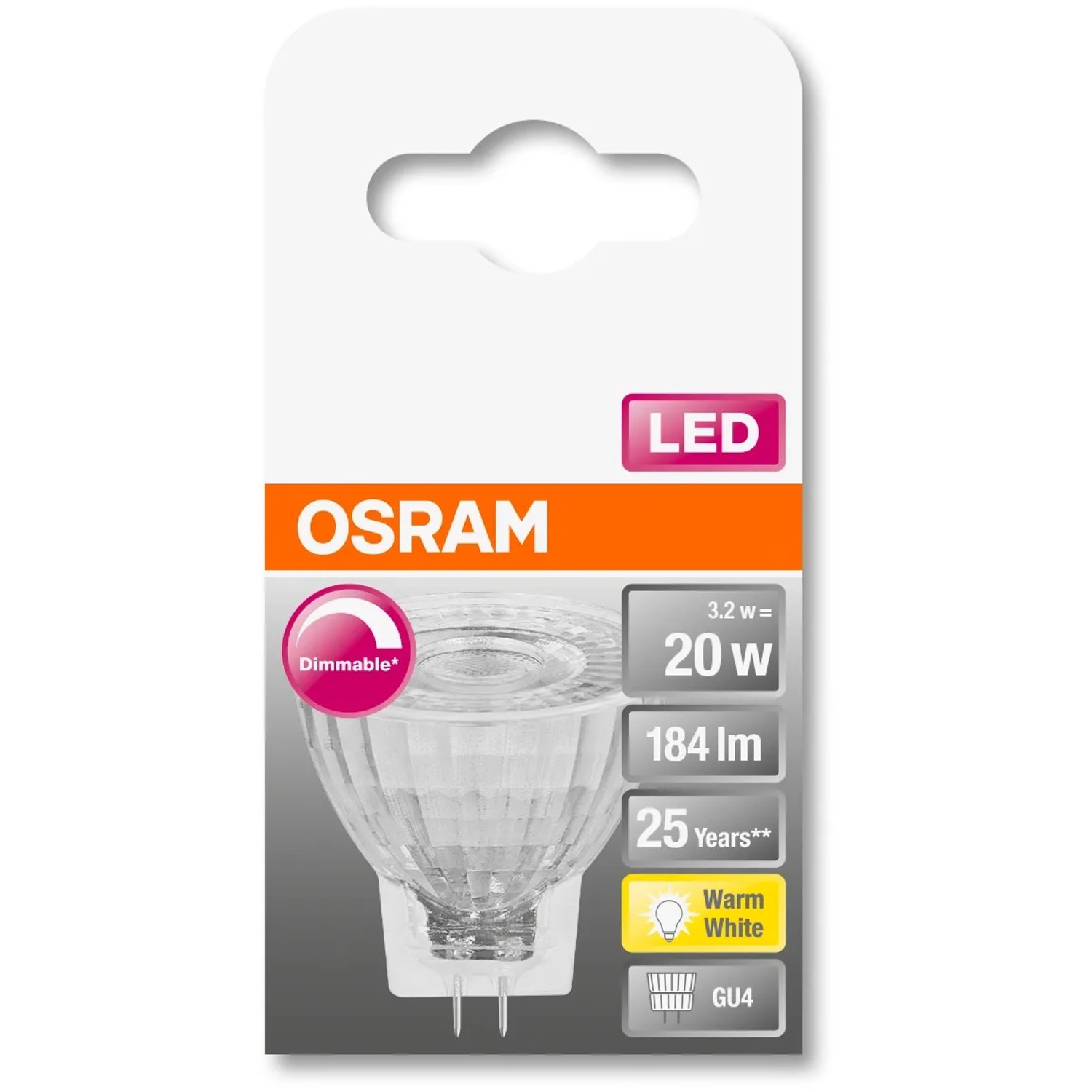 Osram GU4 LED-Lampe, 3,2W, warmweiß, 184lm, dimmbar. Energiesparendes Leuchtmittel für Wohnräume.