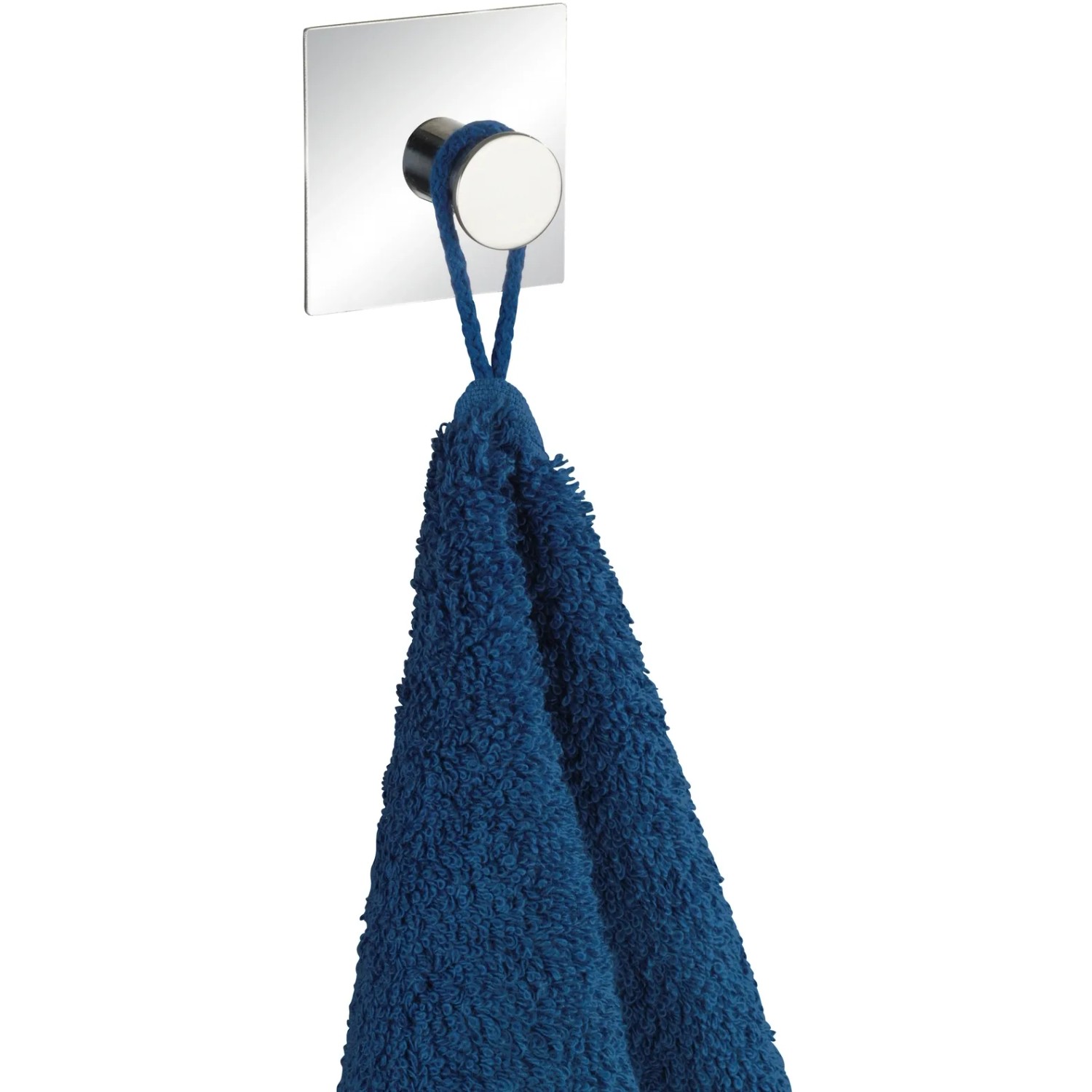 Wenko Wandhaken Accadia, Edelstahl glänzend mit blauem Handtuch.