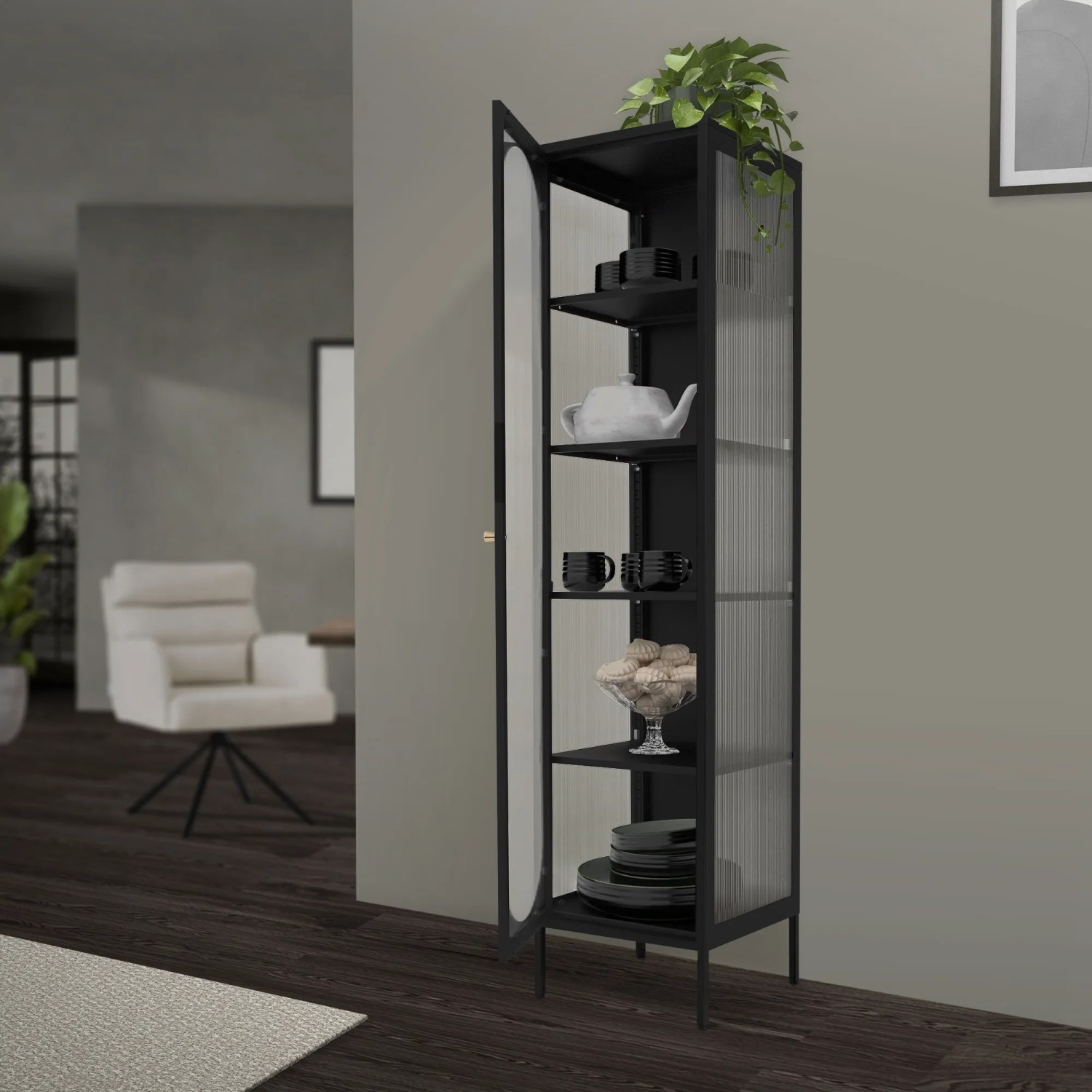 Rimini Vitrinekast 4 deurs Lamulux Dark mango - Gratis thuisbezorgd - De Woon Winkel