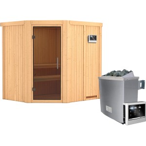 Karibu Sauna-Set Swenna mit Ofen, externer Steuerung und Graphit-Tür. Massivholzsauna aus Fichte.