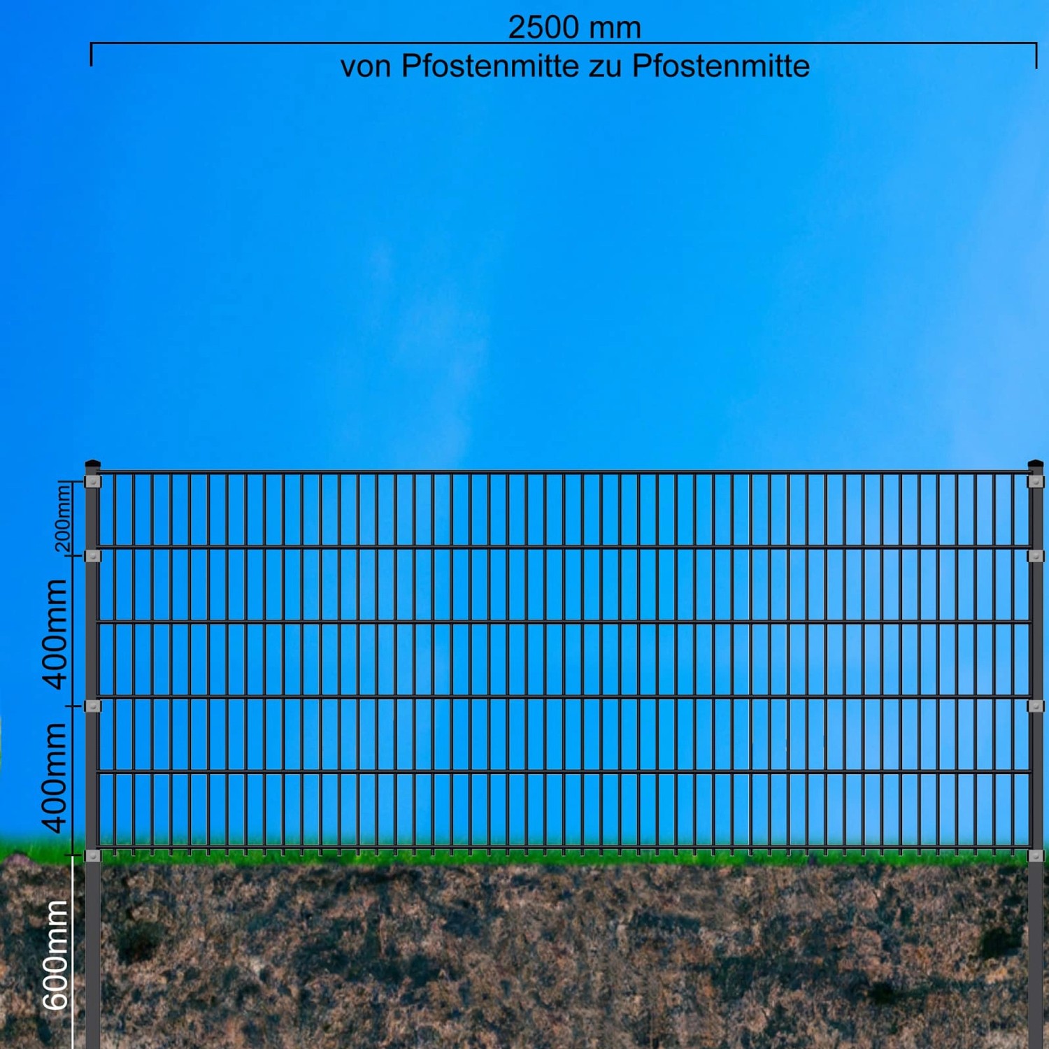 Moosgrüne Doppelstabmatte 6/5/6 mm, 250x103 cm, für Gartenzäune. Detailansicht der Zaunstruktur.