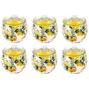 6er Pack HS Candle Duftkerzen mit Zitronenmotiv im Glas.