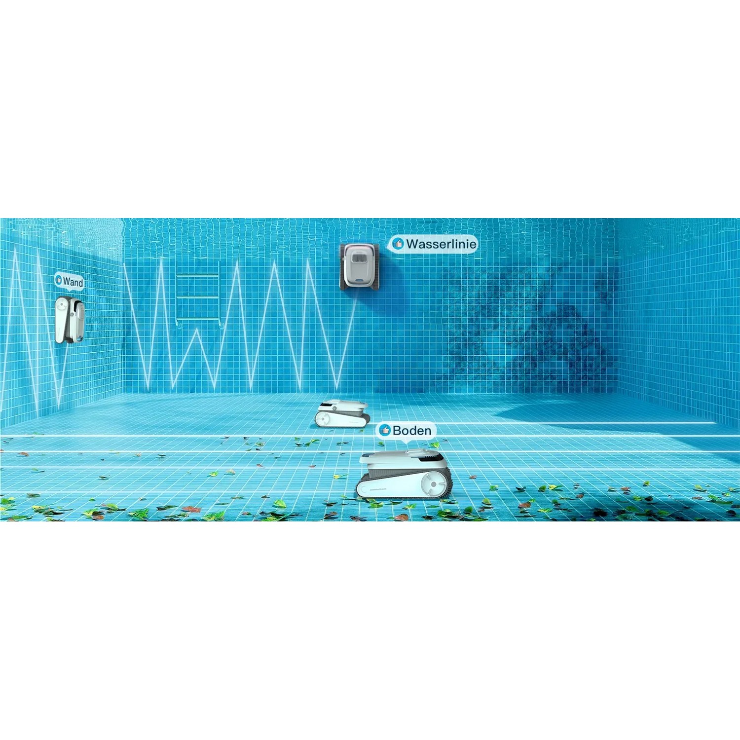 Pool Royal Akku-Poolroboter bei der Reinigung von Boden, Wand und Wasserlinie im Pool.