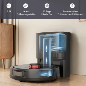 VONKO S6 Pro Saugroboter mit Wischfunktion, schwarz, an Auto-Entleerungsstation. Zeigt automatische Staubabsaugung in 2.5L Behälter.