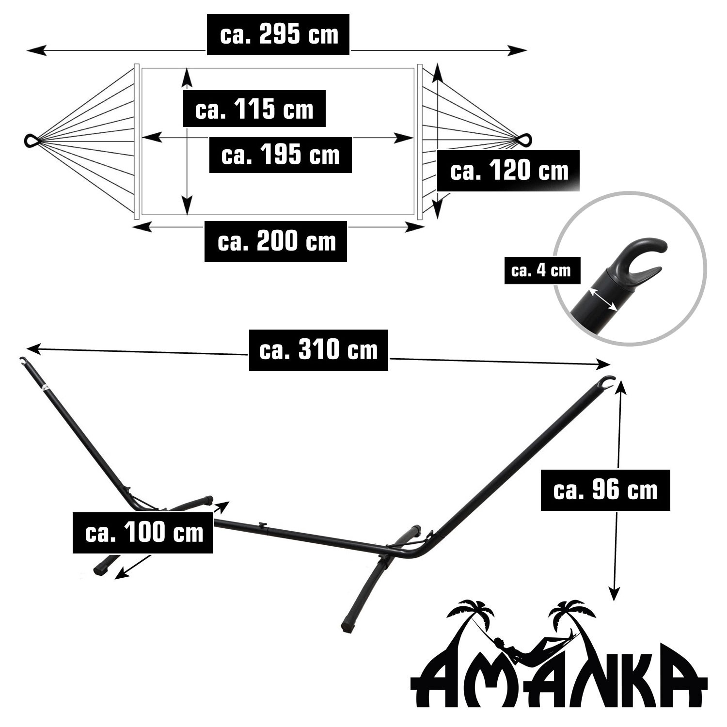 AMANKA Hängematte beige mit schwarzem Gestell, Maße und Details im Überblick.