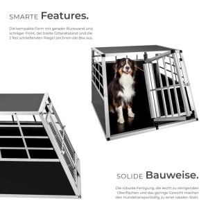 Tectake Doppel-Hundetransportbox aus Aluminium, schwarz, mit Hund.