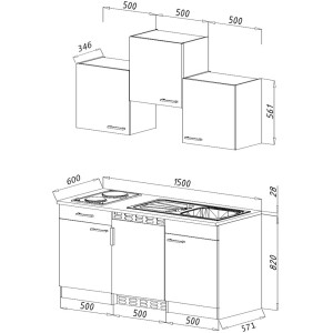 Skizze der weißen Respekta Economy Küchenzeile KB150WWMIC (150 cm) mit Glaskeramikkochfeld und Spüle.