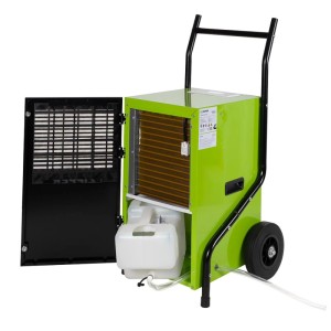 Grüner Zipper Luftentfeuchter ZI-BAT-60E mit Fahrwerk, offenem Filterfach und Wassertank. Ideal für Baustellen & Keller.