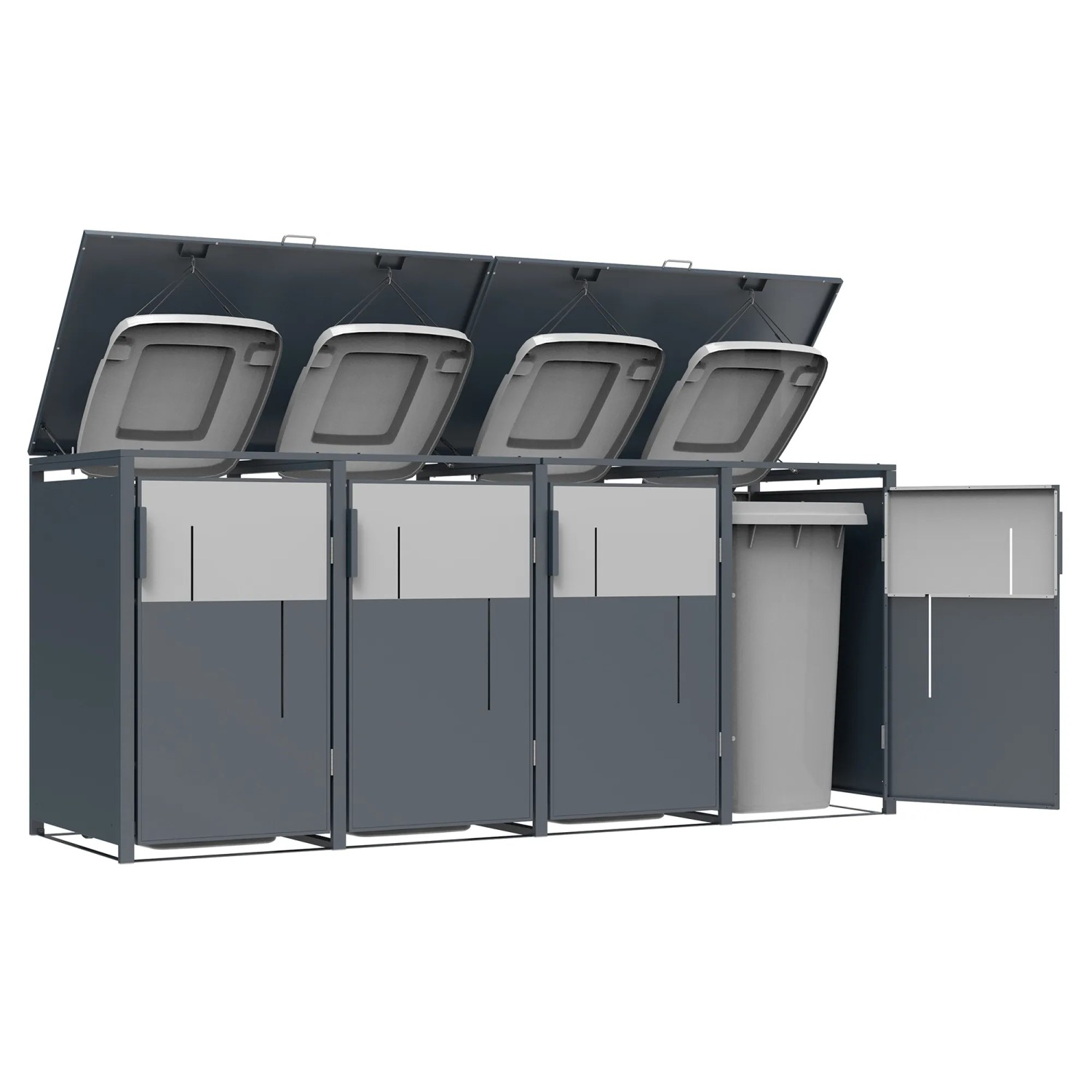 Westmann Mülltonnenbox Tonus 4, anthrazit, für 4 Tonnen à 240L, mit geöffneten Deckeln und Tür.