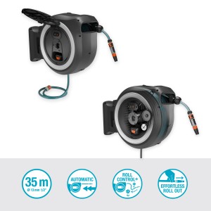 Gardena Akku-Wand-Schlauchbox PowerRoll XL mit 35m Schlauch und Akku für die Gartenbewässerung.