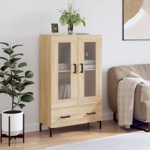 vidaXL Highboard Sonoma-Eiche aus Holzwerkstoff, mit Glastüren, 2 Schubladen, schwarzen Metallbeinen. Modernes Sideboard.
