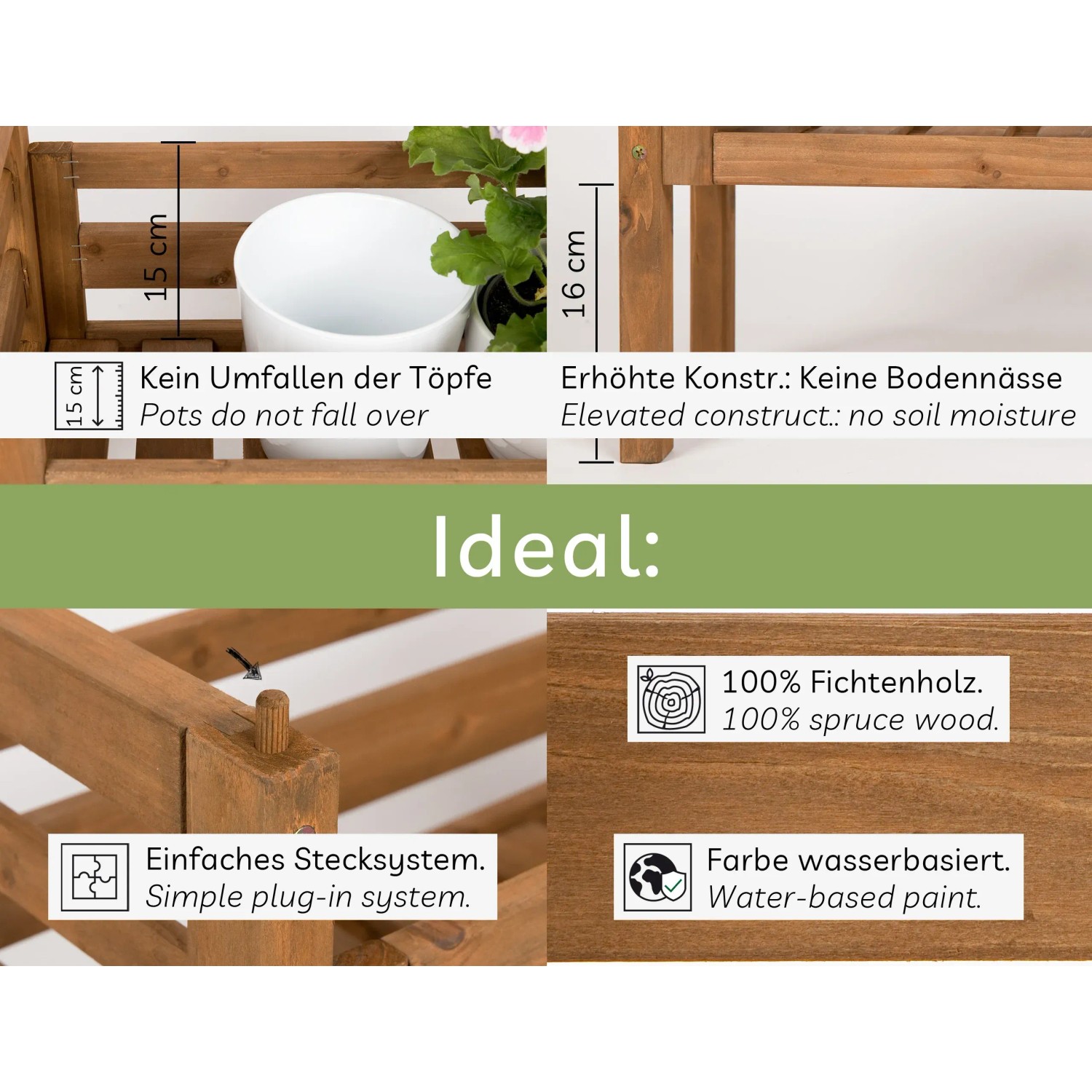 Detailansicht des braunen needs&wants Placy2 Pflanzenständers aus Holz mit Hinweisen zu Produkteigenschaften.