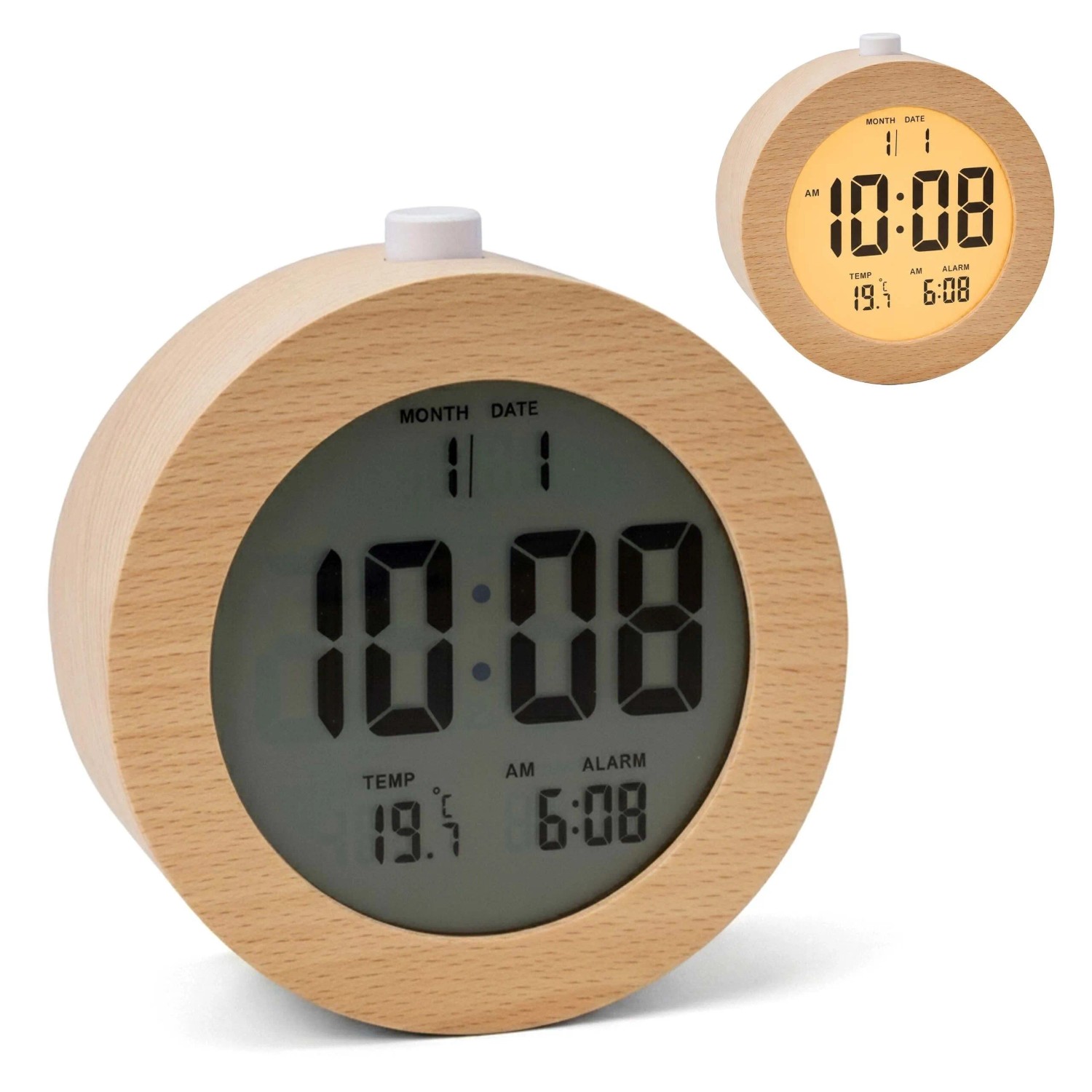 Relaxdays Wecker Buchenholz Natur Digital Temperaturanzeige Nachtlicht 4,9 cm x 9,7 cm x 9,7 cm 0,18 kg