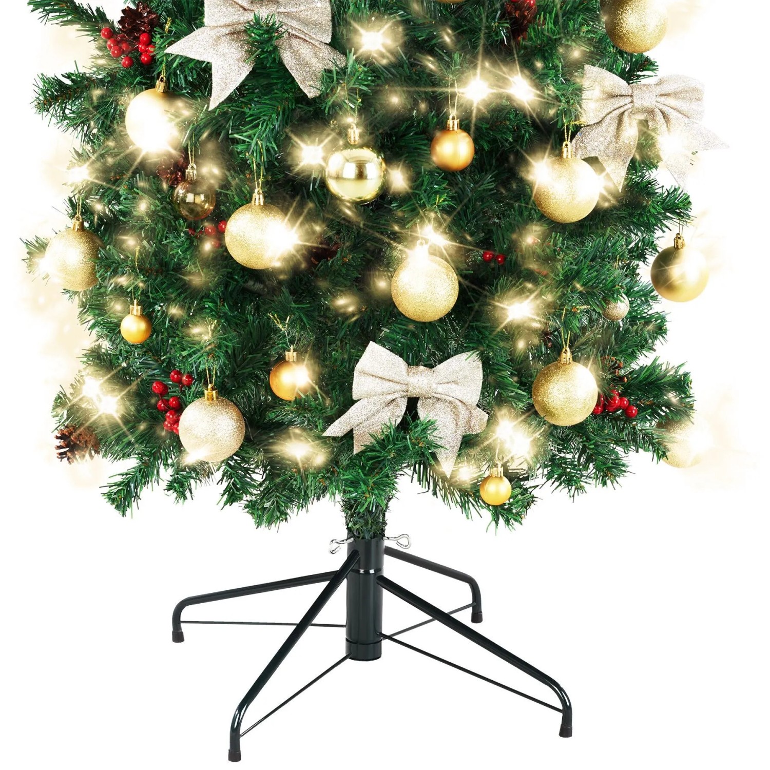 Tectake LED-Lichterkette, warmweiß, mit Schleifen und Kugeln an einem Weihnachtsbaum.