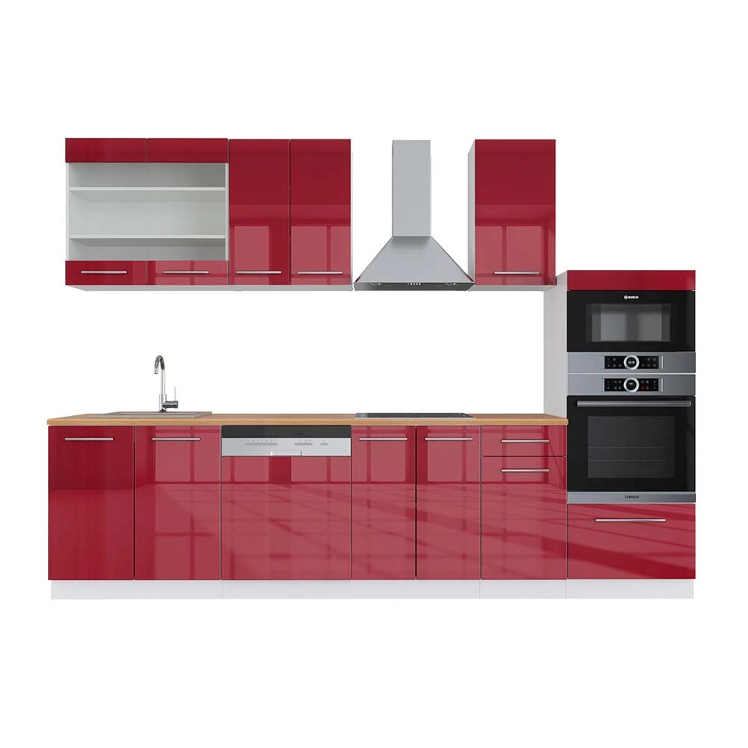 Vicco Fame-Line Küchenzeile Bordeaux Hochglanz/Weiß 300 cm mit HochschrankA günstig online kaufen