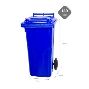 Blauer 120 Liter PROREGAL Mülleimer mit Rädern, aus HDPE-Kunststoff.