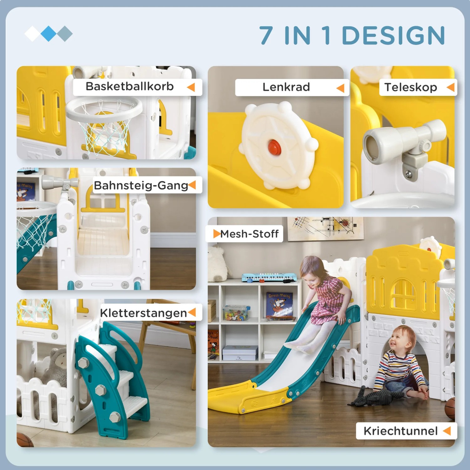 AIYAPLAY Kinderrutsche 7-in-1 mit Klettergerüst, Basketballkorb, Rutsche, Kletterstangen und Kriechtunnel.