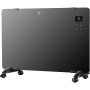 Schwarzer Glaspanel-Heizer 2000 W mit Display und Rollenfüßen. Elektrische Heizung für bis zu 20 m².
