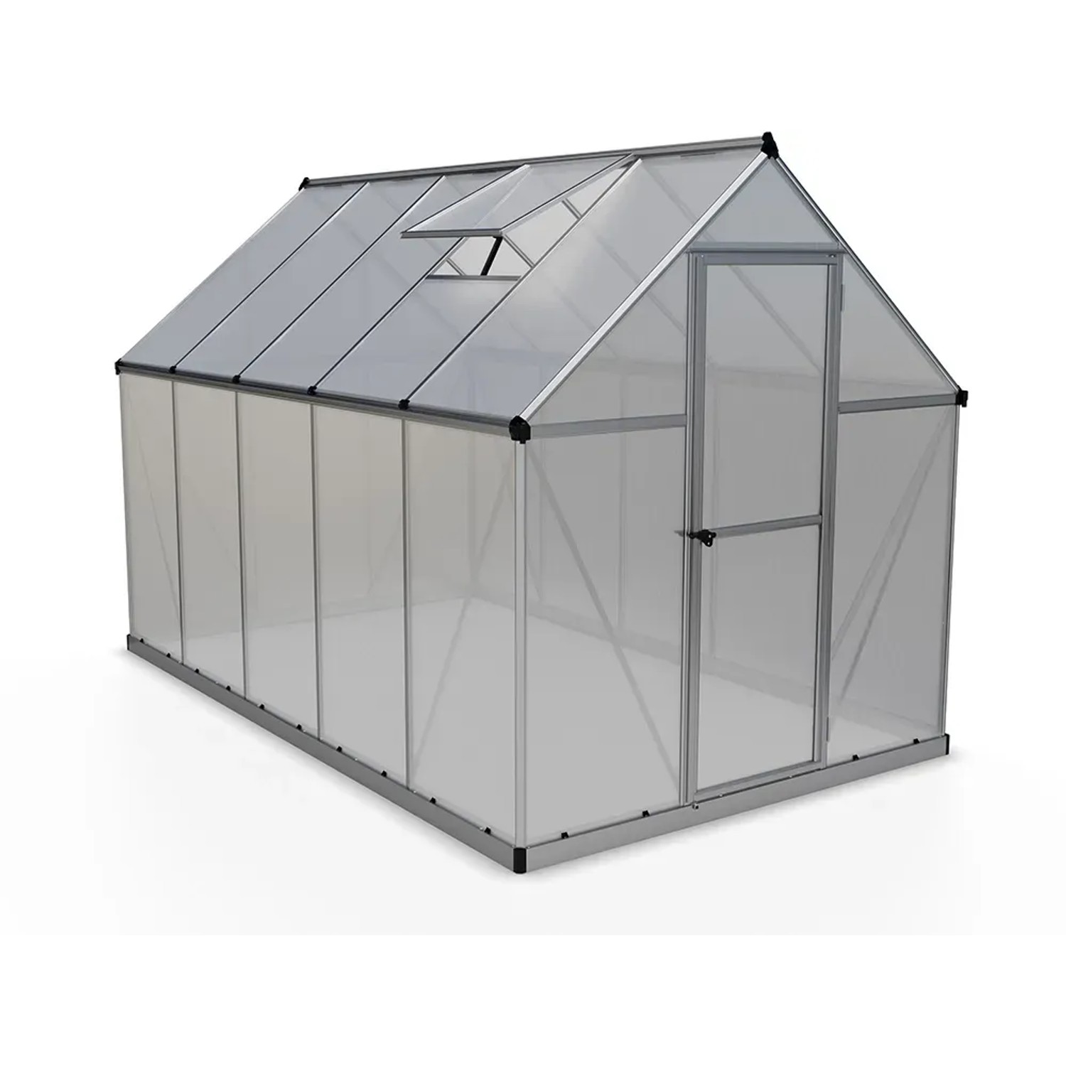 CANOPIA Gewächshaus Mythos Silber, 5,7 m², mit Fundamentrahmen und Dachfenster.