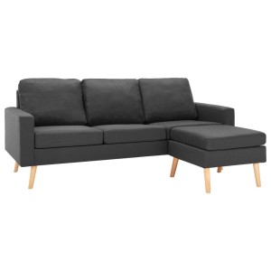 Dunkelgraues 3-Sitzer Sofa mit Hocker, Stoffbezug und Holzfüßen.