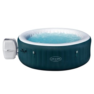 Runder, dunkelgrüner Bestway Miami AirJet aufblasbarer Whirlpool für 6 Personen mit sprudelndem Wasser und Pumpe.