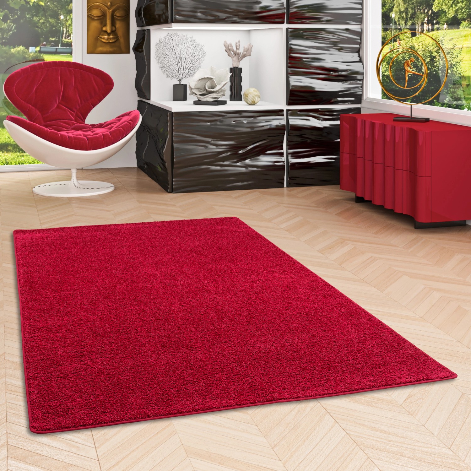 Roter Snapstyle Hochflor Teppich Mona, 80x160cm. Weicher Velours Teppich für Wohnräume.