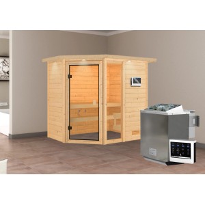 Karibu Sauna Jada mit Bio-Ofen und LED-Dachkranz aus Naturholz mit Eckeinstieg.