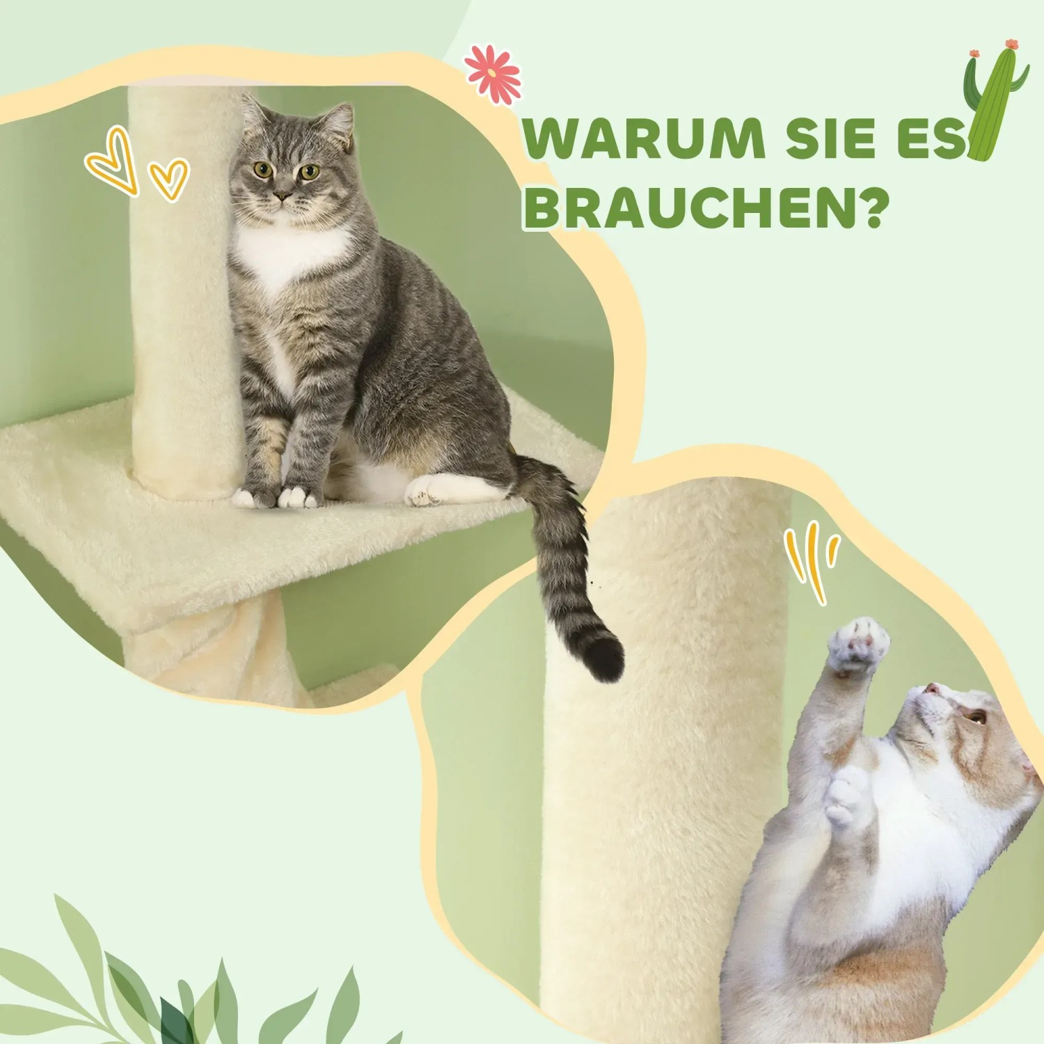 Katzen auf cremeweißem PawHut Kratzbaum. Der Kratzbaum ist verstellbar und bietet mehrere Ebenen zum Spielen und Entspannen.