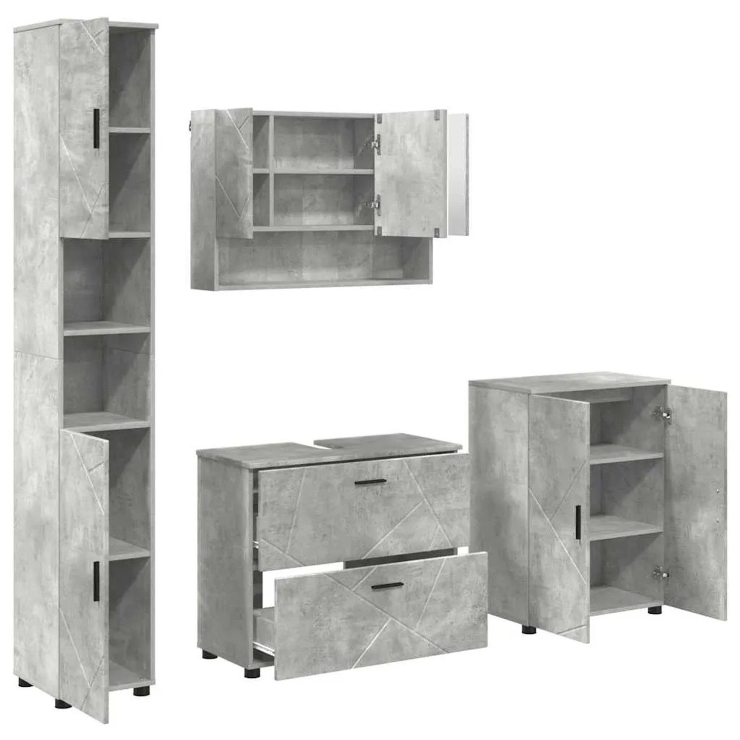 vidaXL Badezimmermöbel-Set 4-Tlg Betongrau Sperrholz und Metall 3393086